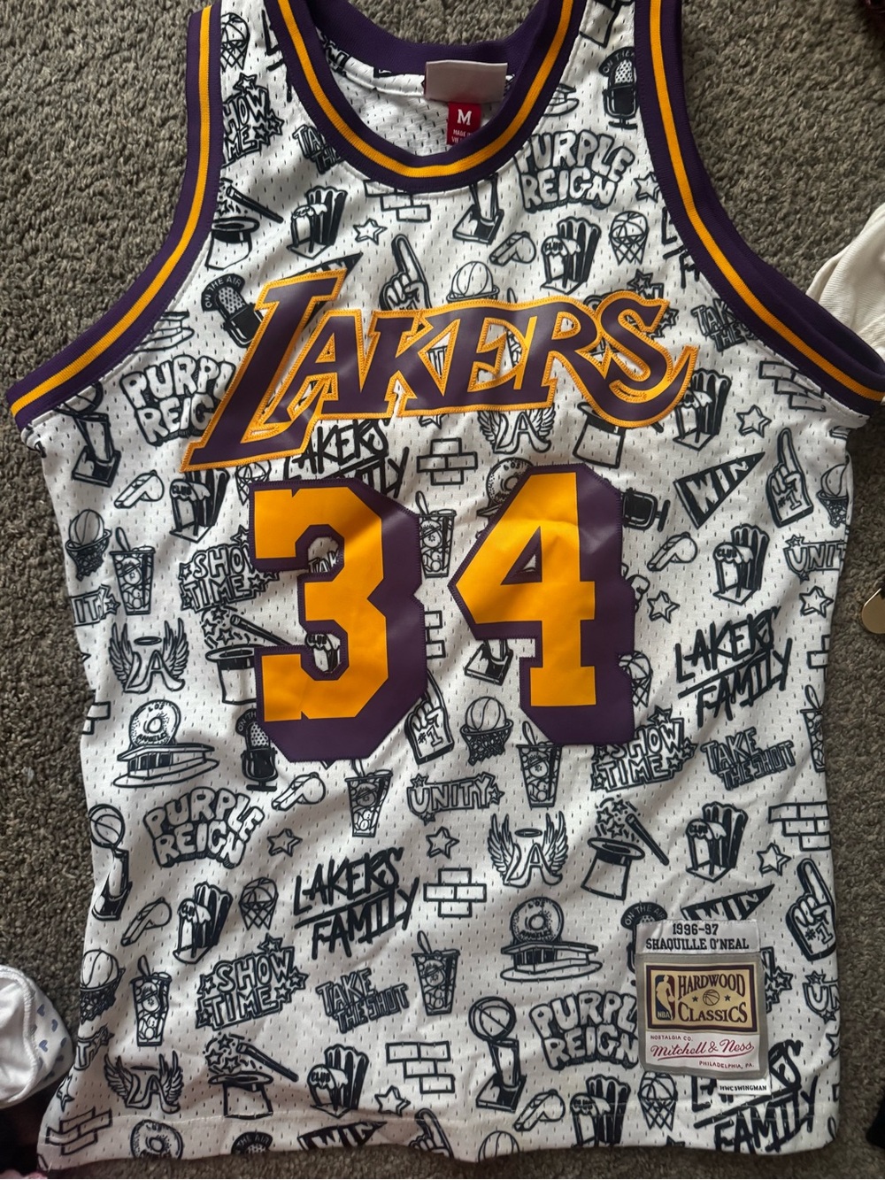 Mitchell & Ness White Lakers #34 Shaq Graphic Jersey with Purple & Gold Trim